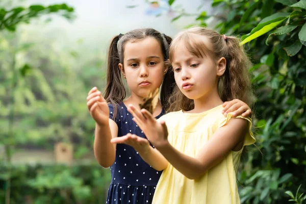 Dos niñas con mariposas en un invernadero —  Fotos de Stock