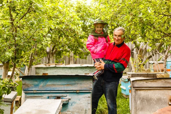 An experienced beekeeper transfers knowledge of beekeeping to a small beekeeper. The concept of transfer of experience