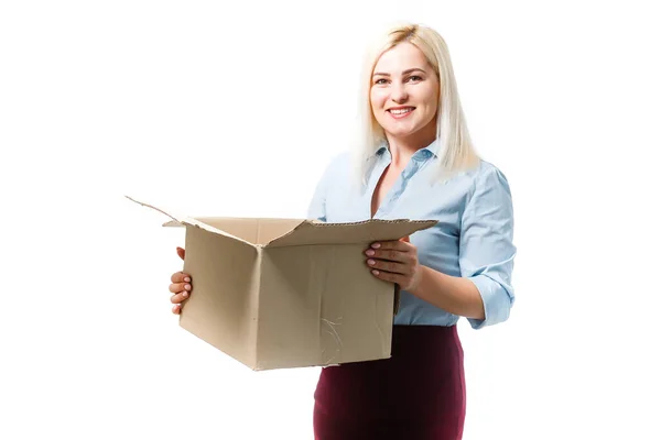Verhuishuis, Verhuiskantoor, Doos. vrouw met doos — Stockfoto