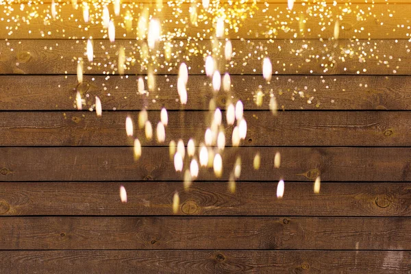 Goldene Bokeh-Lichter mit Holzhintergrund abstrakte Gestaltung — Stockfoto