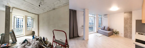 Chambre avec des murs inachevés et une chambre après réparation. Rénovation avant et après dans un logement neuf. — Photo