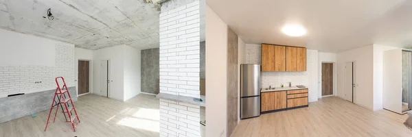 翻新概念-翻新或修复之前及之后的厨房房间 — 图库照片