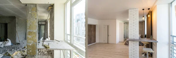 Renoveringskoncept - köksrum före och efter renovering eller restaurering — Stockfoto