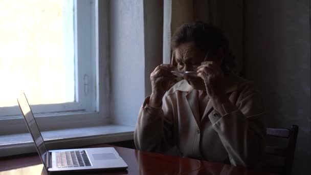 Een zeer oude vrouw zit aan een tafel en controleert rekeningen voor een appartement — Stockvideo