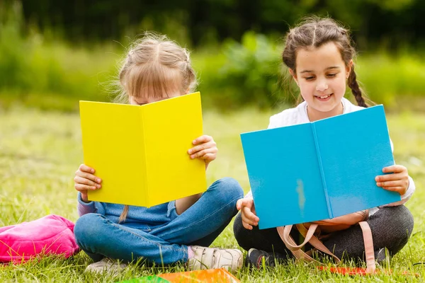 Dos colegialas bonitas se sientan con libros al aire libre en el parque. Colegialas o estudiantes se les enseña lecciones en la naturaleza. — Foto de Stock