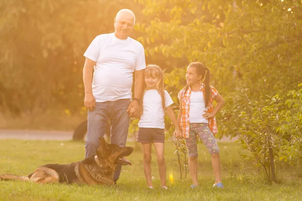 Abuelo y nietas tomando perro para caminar — Foto de Stock