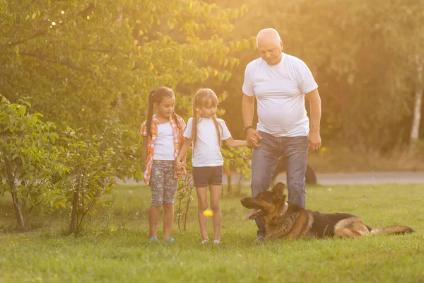 할아버지와 두 손녀가 공원을 걷고 있습니다 — 스톡 사진