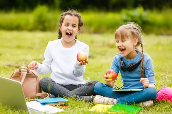 Kids on the picnic in school grass yard are coming eat lunch in box. parent take care of childcare. — Stock Photo, Image