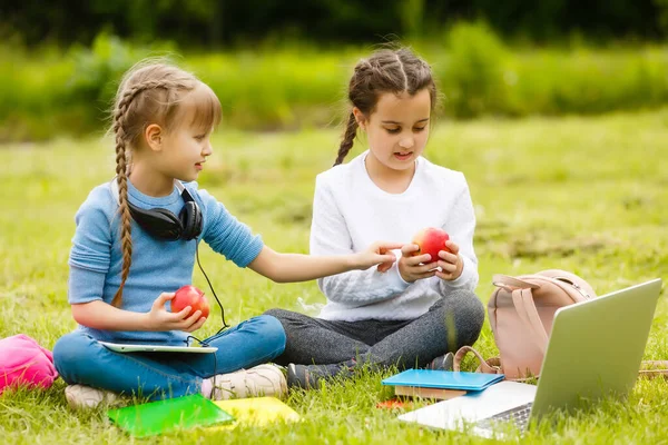 Kids on the picnic in school grass yard are coming eat lunch in box. parent take care of childcare. — Stock Photo, Image