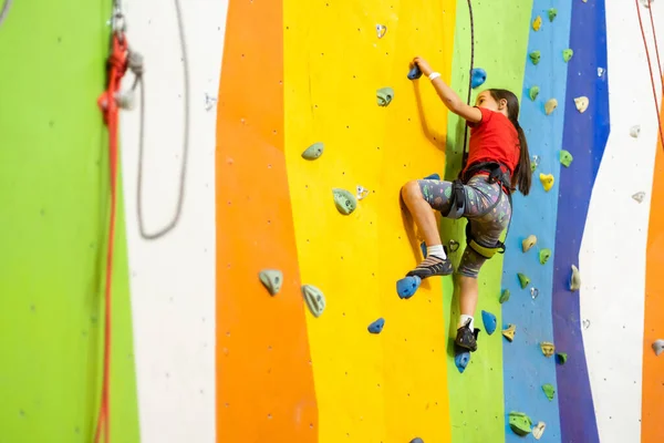 Menina escalada parede de rocha parede prática no ginásio — Fotografia de Stock