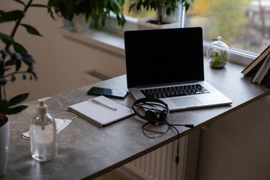 Bilgisayarlı Gri Masa Üzerinde Çalışma Yeri Bilgisayarlı Yeşil Çiçek Kırmızı Sandalyesi ve Modern Ofis İçi Büyük Arkaplan Pencereli Kalemler