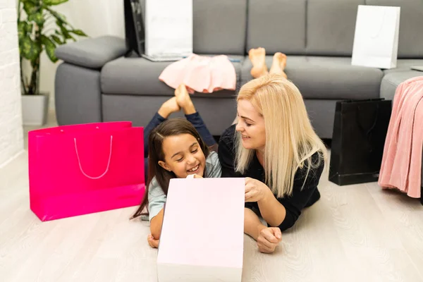 stock image holidays, presents, christmas, x-mas, birthday concept - happy mother and child girl with gift bags