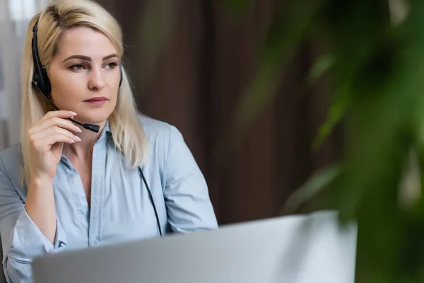 Young blonde caucasian woman photographer sitting at the laptop wooden table large window and grey wall working — Stock Photo, Image