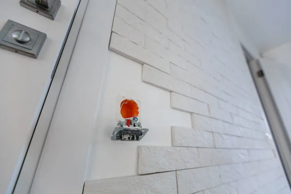 Electrical outlet during installation in office wall — Stock Photo, Image