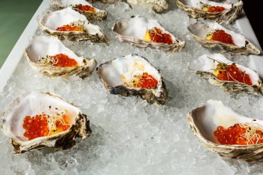 Mavi tabakta taze istiridye, istiridye, limon ve buzla servis edilir. Sağlıklı deniz ürünleri. Restoranda şampanyayla istiridye yemeği. Gurme yemekleri..