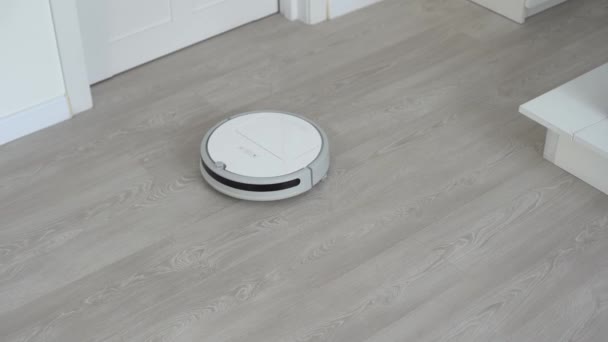 Aspiradora robótica blanca en polvo de limpieza de suelo laminado en el interior de la sala de estar. Tecnología inteligente de limpieza. — Vídeos de Stock