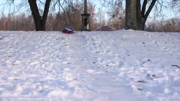 Ένα κορίτσι σε ένα λόφο χιόνι, ένα πηγαίνει κάτω σε ένα έλκηθρο πάγου — Αρχείο Βίντεο