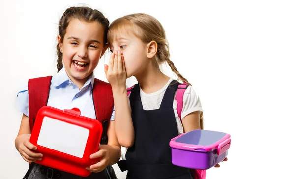Två unga flickor viskar och delar en hemlighet under lektionen i skolan — Stockfoto