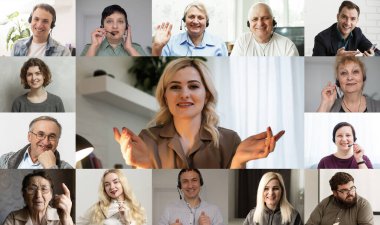 Çeşitli genç ve yaşlı insanların web kameralı görüntülerinin birçok portresi, iş adamlarının liderliğindeki çevrimiçi video konferansına katıldı. Grup video uygulaması kolay kullanım kavramı