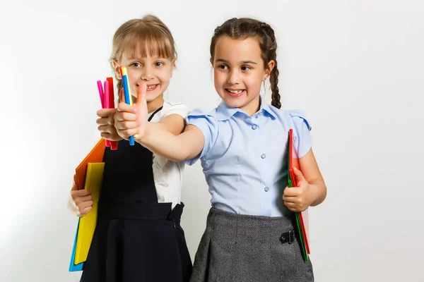 Porträtt av två personer trevlig söt söt härlig charmig drömmande attraktiv glada pre-teen flickor syskon visar åt sidan annons befordran kopia utrymme isolerad bakgrund — Stockfoto