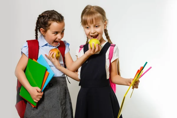 Porträtt av två personer trevlig söt söt härlig charmig drömmande attraktiv glada pre-teen flickor syskon visar åt sidan annons befordran kopia utrymme isolerad bakgrund — Stockfoto