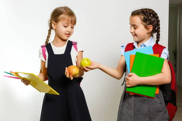 Two little schoolgirls. Education, fashion, friendship concept. — Stock Photo, Image