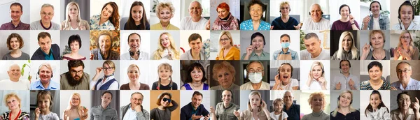 Pessoas multi étnicas de idade diferente olhando para câmera colagem mosaico bandeira horizontal. Muitos grupos de empresários multirraciais sorrindo rostos headshot retratos. Projeto de cabeçalho panorâmico amplo. — Fotografia de Stock