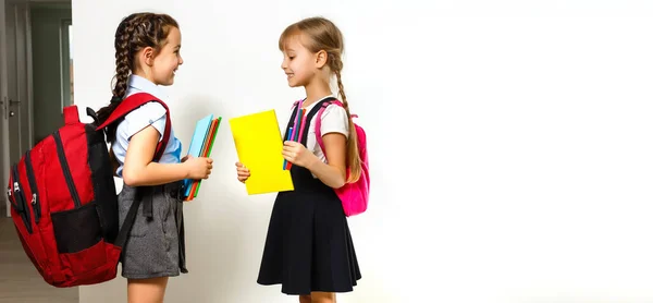 Porträtt av två personer trevlig söt söt härlig charmig drömmande attraktiv glada pre-teen flickor syskon visar åt sidan annons befordran kopia utrymme isolerad bakgrund — Stockfoto