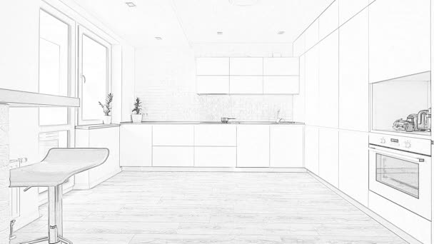 Tela dividida diagonal do desenho e da foto da cozinha nova bonita. — Vídeo de Stock