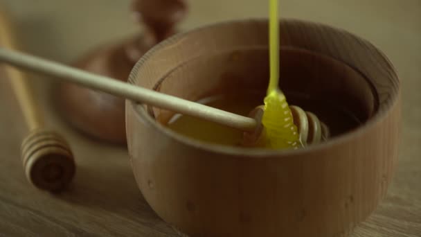 Miel espesa goteando de la cuchara, de cerca. Miel que fluye miel de una cuchara — Vídeos de Stock