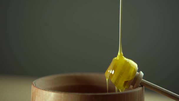 Dikke honing druipt van de lepel, sluit af. Honing stromende honing uit een lepel — Stockvideo