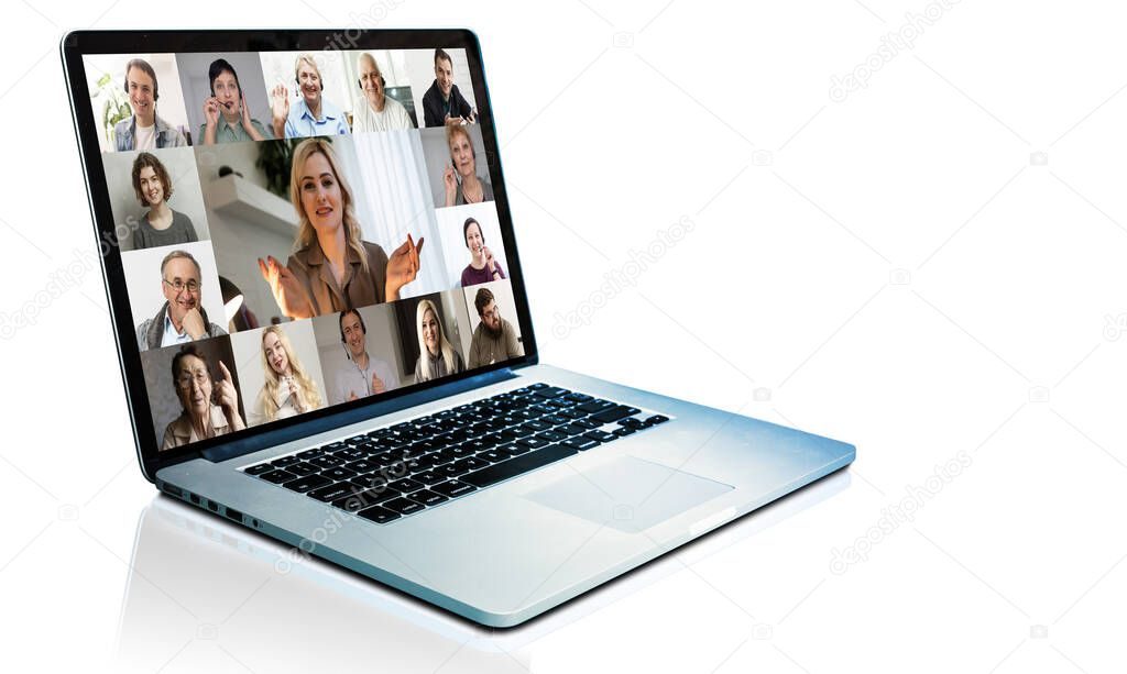 Many portraits faces of diverse young and aged people webcam view, while engaged in videoconference on-line meeting lead by businessman leader. Group video call application easy usage concept