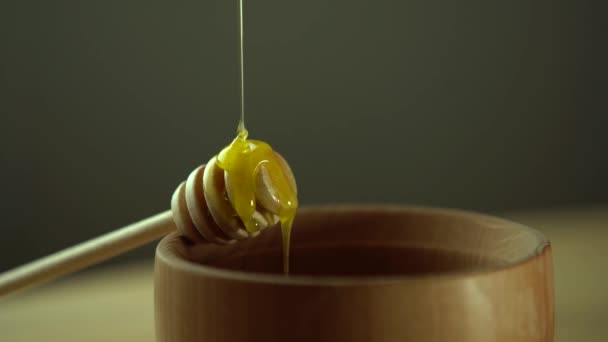 Miel espesa goteando de la cuchara, de cerca. Miel que fluye miel de una cuchara — Vídeos de Stock