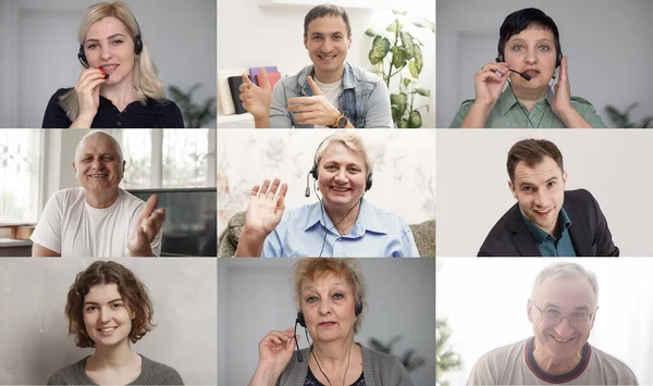 Muitos retratos enfrentam diversos jovens e idosos vista webcam, enquanto envolvidos em videoconferência on-line reunião liderada pelo líder de negócios. Grupo aplicativo de chamada de vídeo conceito de uso fácil — Fotografia de Stock