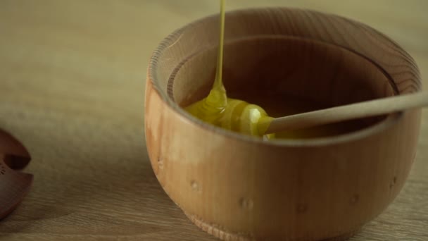Παχύ μέλι στάζει από το κουτάλι, κλείσε. Μέλι ρέει μέλι από ένα κουτάλι — Αρχείο Βίντεο