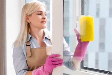 Smiling black woman cleaning windows with glass cleaner clipart