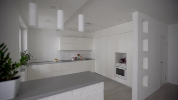 Overzicht van nieuwe luxe nieuwe keuken in Scandinavische stijl in appartement — Stockvideo