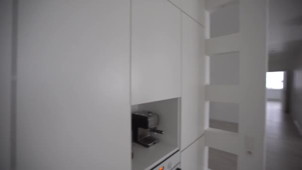 Overzicht van nieuwe luxe nieuwe keuken in Scandinavische stijl in appartement — Stockvideo