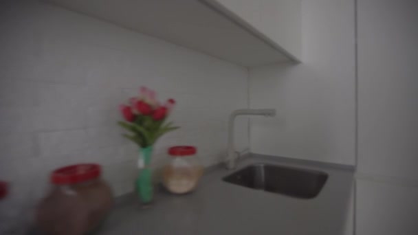 Overzicht van nieuwe luxe nieuwe keuken in Scandinavische stijl in appartement — Stockvideo