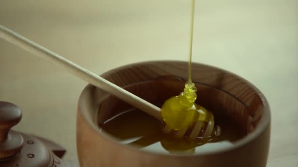 Miele denso che sgocciola dal cucchiaio, chiudi. Miele che scorre miele da un cucchiaio — Video Stock