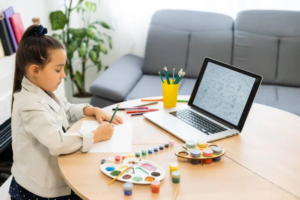 Serious pequena menina manuscrito estudo on-line usando laptop em casa, bonito feliz criança pequena ter lição na Internet ou classe — Fotografia de Stock