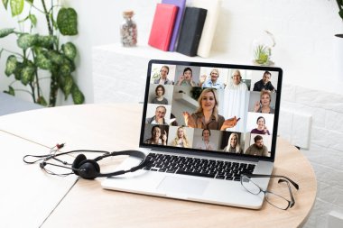 Many portraits faces of diverse young and aged people webcam view, while engaged in videoconference on-line meeting lead by businessman leader. Group video call application easy usage concept clipart