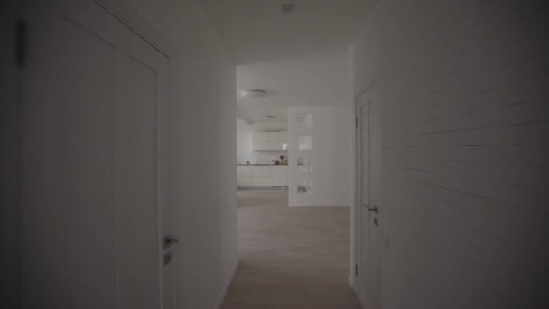 Eetkamer en woonkamer van nieuw huis. Grote grijze bank in vakantiehuis of vakantievilla. appartement na renovatie — Stockvideo