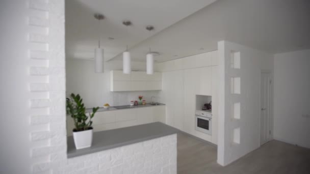 Visão geral sobre novo luxo nova cozinha em estilo escandinavo no apartamento — Vídeo de Stock