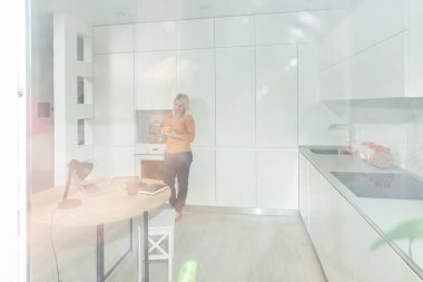 Uzaktan kumanda evden çalışıyor. Laptop kullanan genç bir kadın. Mutfak ofisinde serbest çalışan bir işyeri. Tecrit edilmiş telgraf, kadın işi, internetten alışveriş. Uzaktan öğrenme öğrencisi. Yaşam tarzı anı.