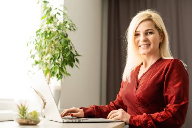 Bilgisayarına yazı yazan zeki bir kadının yan portre görüntüsü. Pencerenin yanındaki ahşap bir masada oturuyor..