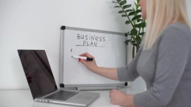 Her şey planlanmalı. Çekici genç bir kadın tahtaya bir şeyler yazıyor. İş planı yazan kadın