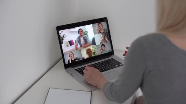 Rückansicht einer Geschäftsfrau, die in Videokonferenz mit ihren Kollegen über Pläne spricht. Business-Team mit Laptop für ein Online-Meeting in Videotelefonie. Gruppe von Menschen, die intelligent von zu Hause aus arbeiten. — Stockvideo