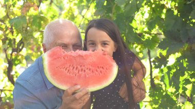 Küçük kız ve büyükbaba karpuz gibi gülümseyip yiyorlar.