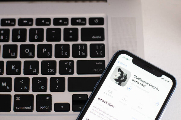 Kyiv, Ukraine - FEBRUARY 22, 2021: Top view Clubhouse app on the smartphone, Clubhouse drop in audio chat application view on the smartphone 2021